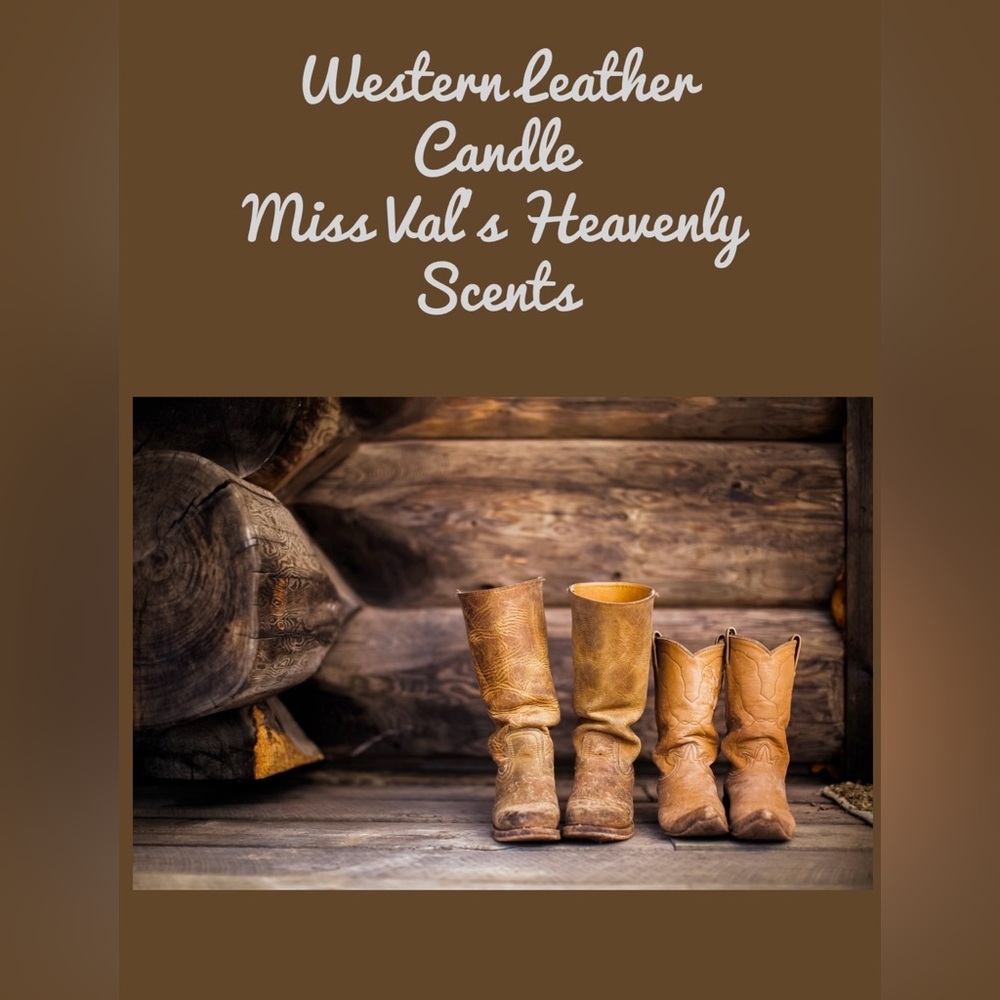 Western Leather Candle 8oz Handmade Miss Val’s Heavenly Scent